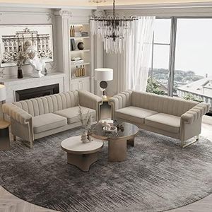 ANTTYBALE 83'' Velvet Couch Sofa Mid-Century Modern Love Seat Chesterfield 3 Seat Couches Sofa for Living Room Apartment (Cracker Khaki-2 PCS)