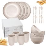 24pc Wheat Straw Dinnerware Sets for 4 Lightweight & Unbreakable Dishes Microwave & Dishwasher Safe Perfect for Camping, Picnic, RV, Dorm Plates, Cups and Bowls (Beige, 24pc Set)