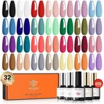 Modelones 32 PCS Gel Nail Polish Kit, 28 Colors All Seasons Gel Polish with Base Coat, Glossy & Glitter & Matte Top Coat and Nail Primer Black Brown Red Purple UV Gel Nail Gifts for Women DIY Salon Home