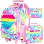 4PCS Rolling Backpack for Girls,Kids Unicorn Bookbag with Roller Wheels, Suitcase School Bag Set for Toddler Elementary