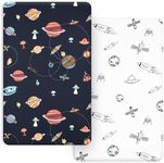 PHF Soft Mini Crib Sheet Set, 2 Pack Silky Comfy Pack N Play Sheets for Boys Girls, Universal Fit for Pack N Play, Playard and Mini Crib Mattresses, Space