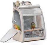 Bird Carrier Backpack, Portable Travel Bird Cage with Standing Perch, 2 Feeder Cups, Iron Mesh Stand & Removable Tray Lightweight, Breathable Mesh Window for Parrot Carrier，Easy Clean (Cream)