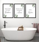 Bathroom Wall Art Set of 3 Unframed Prints, Green Eucalyptus Plant with Quotes, Leaves Home Decor, Wash Away Your Worries, And Relax (A4)