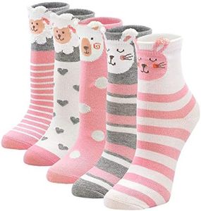 LOFIR Calcetines Divertidos de Algodón para Niñas Calcetines Animales con Dibujos de Perro Gato, Calcetines Vistosos para Chicas de 2-4 Años, Talla 20-22, 5 pares