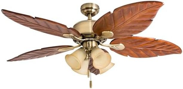 Honeywell Ceiling Fans Royal Palm, 52 Inch Tropical LED Ceiling Fan with Light, Pull Chain, Three Mounting Options, Hand Carved Solid Wood Blades - Model 50504-01 (Aged Brass)