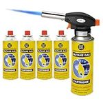 Blow Torch with 4 Butane Gas Bottles - for Camping, Cooking, Kitchen, BBQ, Desserts, Creme Brulee | Refillable Flamethrower Welding Refill Auto Ignition Soldering Weed Burning Blowtorch Lighter