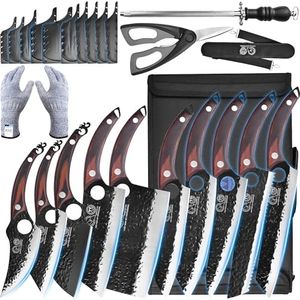 Authentic XYJ Since 1986,10 Pieces Kitchen Knife Set with Roll Bag, Scissors,Honing Steel,Tiny Knife &Whetstone,Large Butcher Knife Set,Forged Knives Set,Full Tang Handle,High Carbon Steel