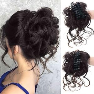 HSAJS Extensiones Pelo Natural Moños Postizos Coletero Sintético Postizo Rizado Ondulado Clip Cola de Caballo Postizos Recogido para Mujeres y Niñas(Marrón-negro)