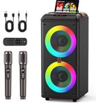 JYX 240W Trolley Party Speaker, 12 Hours Playtime with 2 UHF Wireless Mics, Bluetooth v5.3, Karaoke Party Box, TWS, 6.35mm Guitar Mic Inputs & AUX USB Type-C Port, RGB LED Lights (Black)