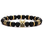 Young & Forever Gift D'vine Lotus Lion Tiger Charm Crystal Natural Stone Reiki Yoga Bracelet for Mens Women (Matt Onyx+Crown)