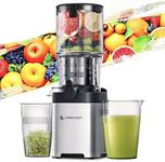 AMZCHEF Cold Press Juicer, 5.2" Extra Self-Feeding Juicer Machine Fit Whole Vegetables & Fruits, 2-in-1 Strainer (Juice & Nut Milk Maker), Space-saving, Easy to Clean, Stainless Steel