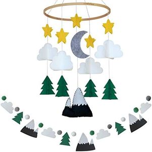 Sorrel + Fern Baby Crib Mobile (Starry Woodland Night w/Garland, Evergreen) - Nursery Decoration Crib Mobile and Baby Shower for Boys & Girls