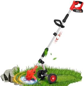 Lacoco Electric Weed Wacker with Wheels, Battery Powered Weed Eater, Cordless Lawn Mower, Brush Cutter, 21V Grass Trimmer String Trimmer, Edge Lawn Tool Kit 3 Types Blades, 2 * 2.0Ah Battery, Charger