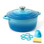 Parmedu 2.6 Quart Enameled Cast Iron Dutch Oven Pot Heavy Duty with Lid and Dual Handles, Silicone Accessories Included, Ideal for Braising, Stewing, Roasting and Baking, Blue