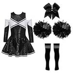 LiiYii Girls Cheer Leader Uniform Outfit Dancewear Cheerleading Costume Musical Party Dress Up Matching Pom Poms A Black&White Outfits 8 Years