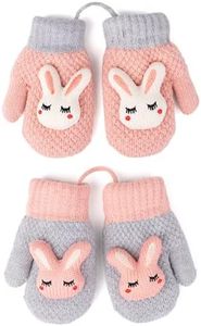 2 Pairs Toddler Mittens for Baby Boys Girls Winter Sherpa Lined Warm Knit Mittens Cartoon Kids Gloves (1-3 Years) (2 Pair-Pink & Grey)