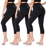 DHSO High Waisted Capri Leggings for Women, Non See-Through Tummy Control Workout Yoga Pants for Running, Cycling 3 Pack Black, Small-Medium