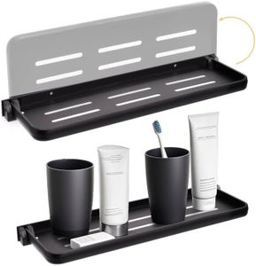 DEAYOU 2 Pack Folding Wall Shelf for Bathroom, 90° Fold Up Floating Shelf, Wall Mounted Drop Down Metal Shelves for RV, Campers, Laundry Room, Toilet Room, Kitchen, Waterproof, Space Saving, Black