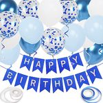 Happy Birthday Banner, Blue Birthday Decoration, 16 Pcs 12in Happy Birthday Balloons with 2 Ribbons for Boys Girls Men and Women Any Ages Birthday Party Decoration