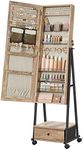 SONGMICS Jewelry Cabinet Floor Standing, Lockable Jewelry Organizer with High Full-Length Mirror, Bottom Drawer, Shelf, Wheels, Jewelry Armoire, Gift Idea, Toasted Oak Color and Black UJJC004N01