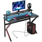 SogesGame Gaming Desk with LED Strip & Power Outlets, 47.2 Inches K Shaped Large Computer Desk, Home Office Standing Desk Workstation, Computer Gamer Table with Storage Shelf