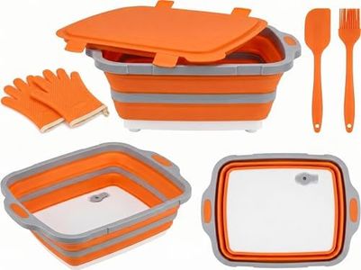 FZBJS Collapsible BBQ Prep Tub with Lid & Cutting Board (8L/16L) - XL Meat Marinating Basin & Grill Carry System - 5pc Set with Heat Resistant Gloves, Basting Brush & Spatula (Orange, Large, 8L)