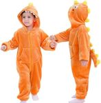 LOLANTA Boys Girls Dinosaur Costume Jumpsuits Soft Halloween Animal One-piece Kids Birthday Christmas Gift (orange, 4-6 Years)