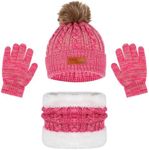 YSHIGUING Winter Hats Gloves and Scarf Sets for Kids, Thermal Knit Crochet Thick Fluffy Toddler Cap Pom Bobble Neck Warmer Girls Hat Scarf and Gloves Set for Children Outdoor Sports (Rose red)