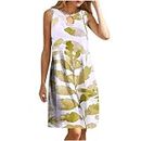 Summer Dresses for Women 2024 Trendy Keyhole Leaf Print Sleeveless A-Line Mini Dress Casual Beach Vacation Sundresses, A01_yellow, 5X-Large