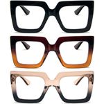 REAVEE 3 Pack Oversized Reading Glasses for Women Large Frame Extra Wide, Blue Light Blocking Stylish Thick Square Readers, Black + Brown Orange + Tea Black, 0.00