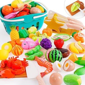 Juego de Frutas y Verduras,Comida de Juego para Cortar, 66 Pcs Alimentos Accesorios de Cocinita con Cestas,Juego Montessori Niños 2 Años,Navidad Regalo Niño Niña Juegos Educativos Niños 2 3 4 5 Años