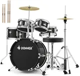 Kid Drum Sets-Donner 5-Piece for Beginners, 14 inch Full Size Complete Junior Drum Kit with Adjustable Throne, Cymbal, Hi-Hat, Pedal & Drumstick, Metallic Black