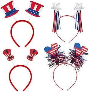 4 Pcs 4th Of July Patriotic Headband Uncle Sam Top Hat American Flag Star Head Boppers Headpiece Women Independence Day Hair Hoops Bands Hairband Striped Cute Festival Cosplay Dress Up Party Supplies