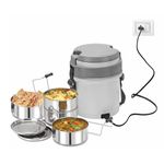 CELLO Newton 4 Tier Compartment Stainless Steel Electric Lunch Box for Office Use, Grey | Shock Proof & Cool Touch Outer Body, Rubber Grip Lift Handle Leakproof Stainless Steel Electric Lunch Carrier