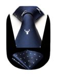 HISDERN Elk Tie for Men Navy Blue Ties Handkerchief Novelty Animal Pattern Wedding Necktie & Pocket Square Set