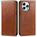 SHIELDON Case for iPhone 15 Pro Max 5G, Genuine Leather Folio Wallet with [RFID Blocking][Card Holder][Kickstand] Magnetic Shock Absorbing Case Compatible with iPhone 15 Pro Max 6.7" - Retro Brown