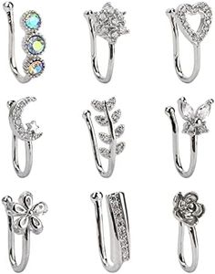 CrazyPiercing Fake Nose Ring CZ African Nose Cuffs Gold Faux Septum Nose Rings Clip on Nose Jewelry for Woman Non Pierced Jewelry (9 Clip Nose Ring-Silver)