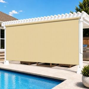 Breezombra 12'W x 8'H Sesame Outdoor Roller Shade with Crank Wand Patio Shades Roll up, UV Blocking & Privacy Protection