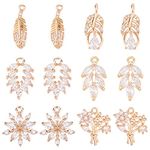 SUNNYCLUE 1 Box 12Pcs Cubic Zirconia Charms Feather Charm Micro Pave Rhinestone Shiny Leaf Flowers Long Lasting Plated Brass Leaves Charms for Jewelry Making Charm Spring Season Wedding Earrings DIY