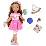 Glitter Girls – 14-Inch Birthday Party Doll – Rainbow Heart Dress, Birthday Hat, Cake, Balloon – Poseable Arms & Legs – Red Hair & Green Eyes – 3 Years + – Cicely