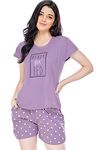 ZEYO Women's Cotton Dot Printed Purple Night Suit Set Of Top & Shorts 5226, Pajama Set