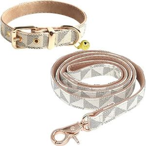 Dog Leather Collar and 4 ft Leash, KUDES Adjustable Basic Collar with Bell Leather Pet Leash Set, Checkered Pattern Durable Leather Collar and Leash with Metal Buckle for Small Medium Large Dogs