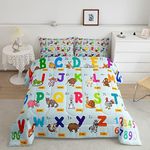 jejeloiu Kids Educational Comforter Set Twin Size ABC Alphabet Numbers Bedding Set for Boys Girls Toddler Cute Animal Decor Comforter Fox Elephant Duvet Set Bedroom Quilt Set 2Pcs