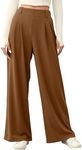 EVALESS Women's Wide Leg Pants with Pockets High Waisted Office Business Casual Dressy Plain Comfy Waffle Knit Lounge Pants for Ladies Brown Large