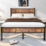 DUMEE Queen Bed Frame with Wood Headboard and Footboard, Metal Bed Frame Queen Size Under Bed Storage, No Box Spring Needed, Enhanced Support Noise Free (Black+Brown Oak)