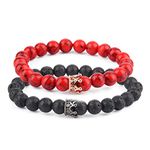 Believe London® Distance Bracelets With Jewellery Bag & Meaning Card | Strong Elastic | Friends Relationship Couples His Hers Black Agate Onyx White Howlite (8" Red & 7" Black)