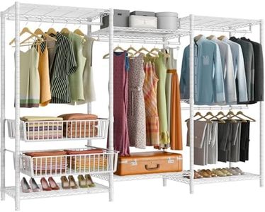 VIPEK V10 Plus Wire Garment Rack 5-Tiers Heavy Duty Clothes Rack Large Size Clothing Rack with 4 Hanging Rods, 6 Wire Shelves and 2 Slid Baskets, 85.4" W x 15.7" D x 76.4" H, Max Load 920 LBS, White