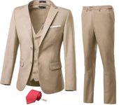 High-End Suits 3 Pieces Men Suit Set Slim Fit Groomsmen/Prom Suit for Men Two Buttons Business Suit Jacket Vest Pant and Tie, Beige, Large