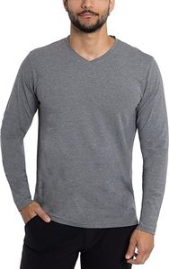 X RAY Mens Long Sleeve V-Neck T-Shirt, 95% Cotton Stretch Basic Slim Fitted V Neck T Shirts for Men, Charcoal Heather, Large