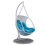 Hindoro Rattan Wicker Wrought Iron Single Seater Swing Chair with Stand & Cushion & Hook Outdoor || Indoor || Balcony || Garden || Patio || Living Outdoor Furniture (White with Blue1, Egg Shape)